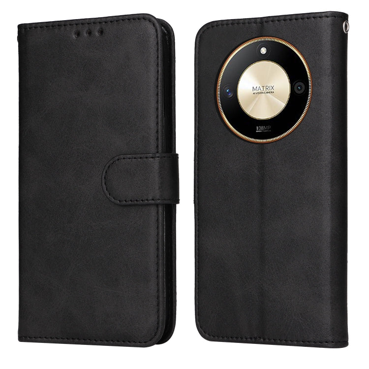 Black flip leather phone case with magnetic closure and camera-cover cutout