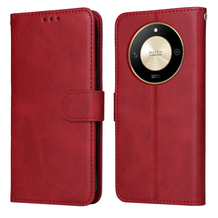 Red flip leather phone case with camera-cover cutout and side card pocket