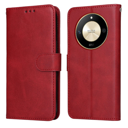 Red flip leather phone case with camera-cover cutout and side card pocket
