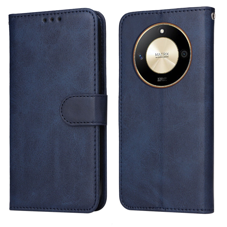 Blue flip leather phone case with magnetic closure and camera-cover cutout