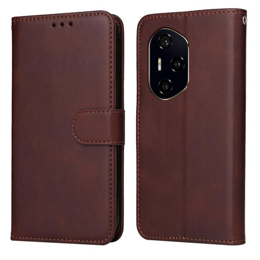 Brown leather-look flip phone case with side strap and camera cutout