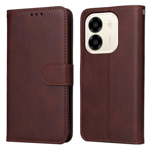 Brown flip phone case with stitched texture and magnetic closure, includes camera cutout