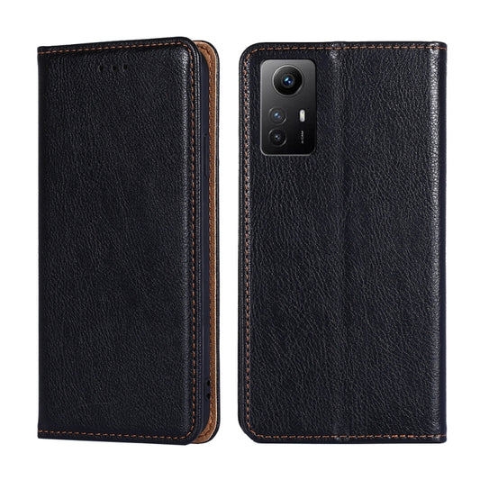 Black leather phone case with magnetic flap, card holder stitching, and camera cutout
