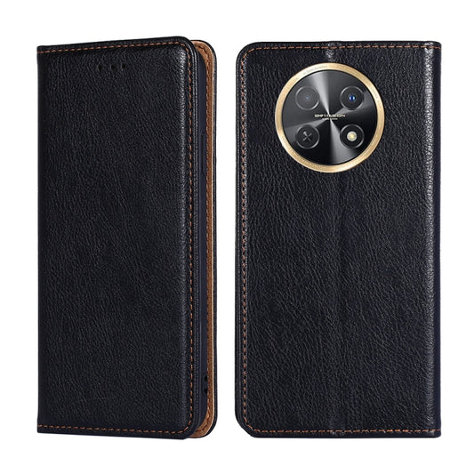 Black magnetic leather phone case with gold camera ring and flip cover, stitched edges