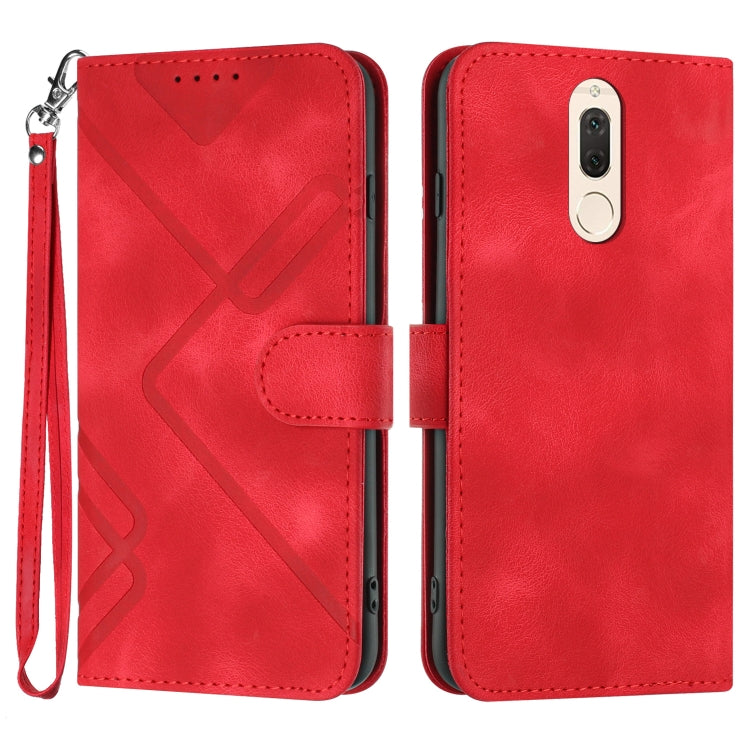 Red leather-look flip phone case with geometric line pattern and wrist strap