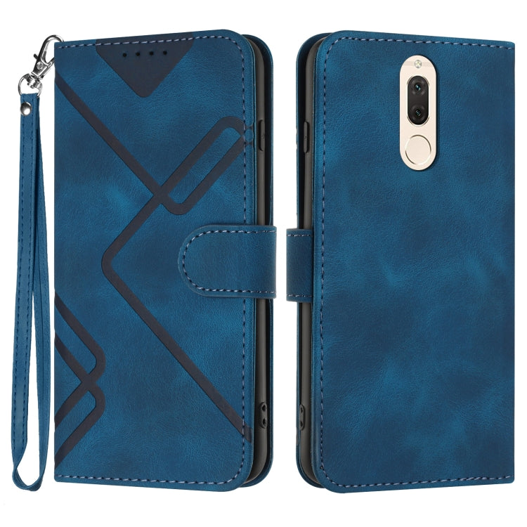 Dark blue leather-look flip phone case with geometric line pattern and wrist strap