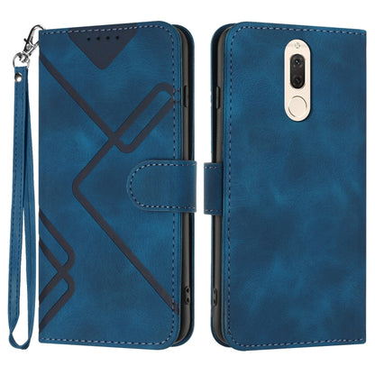 Dark blue leather-look flip phone case with geometric line pattern and wrist strap