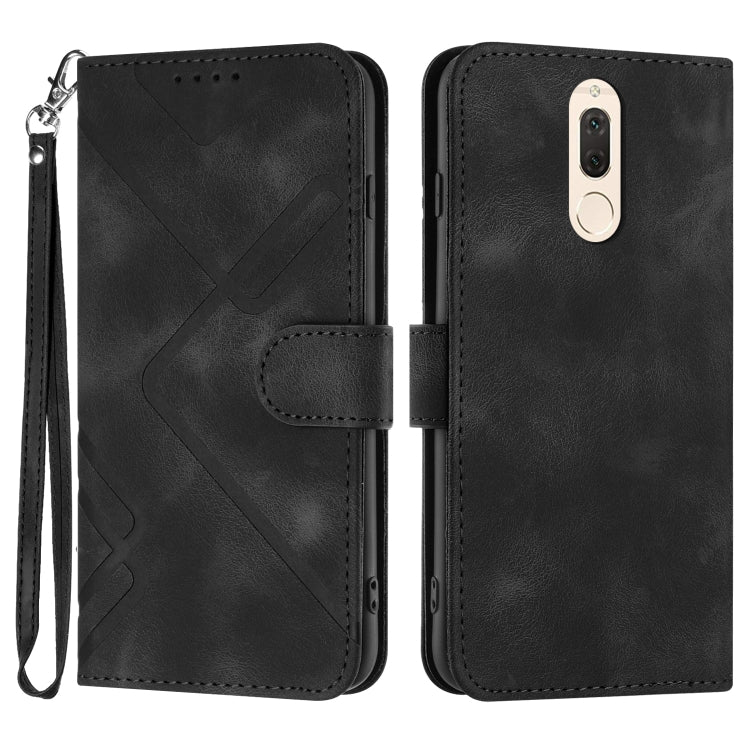 Black leather-look flip phone case with geometric line pattern and wrist strap