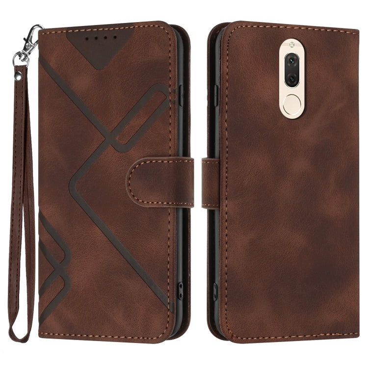 Brown leather-style phone case with geometric line pattern, wrist strap, flip cover