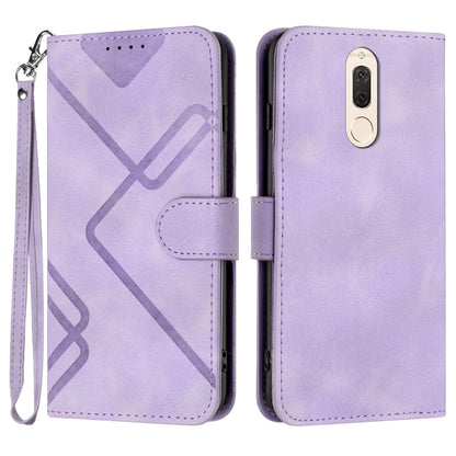 Light purple leather-style phone case with geometric line pattern, wrist strap, flip cover