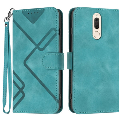 Teal leather-style phone case with geometric line pattern, wrist strap, flip cover