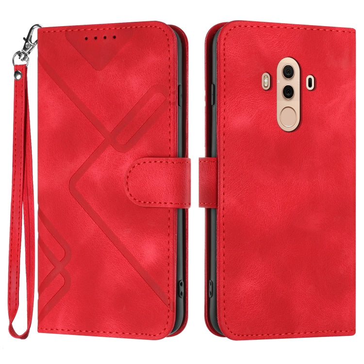 Red leather-style phone case with geometric line pattern, wrist strap, flip cover