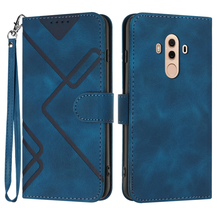 Blue leather-style phone case with geometric line pattern, wrist strap, flip cover