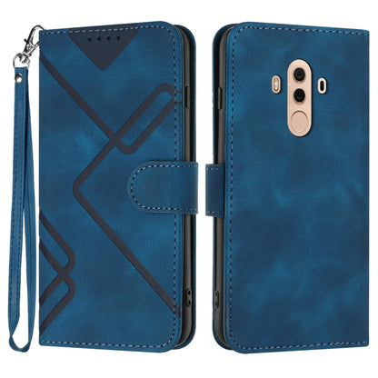 Blue leather-style phone case with geometric line pattern, wrist strap, flip cover