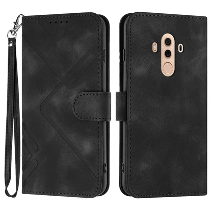 Black leather-style phone case with geometric line pattern, wrist strap, flip cover