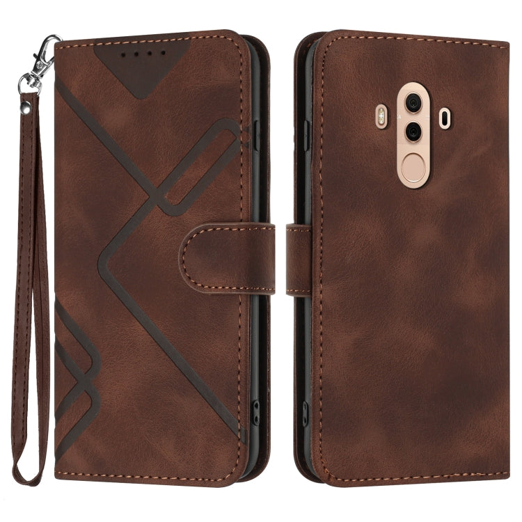 Coffee brown leather-style phone case with geometric line pattern and wrist strap