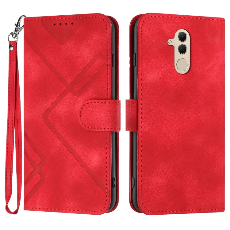 Red leather-style flip phone case with line pattern, wrist strap and card holder
