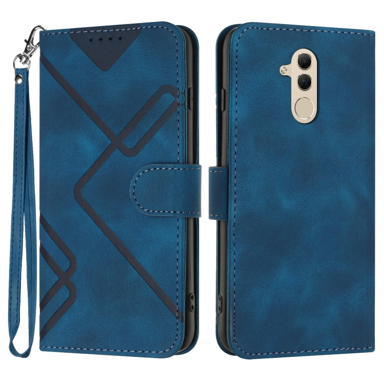 Royal blue leather-style flip phone case with line pattern, wrist strap and card holder
