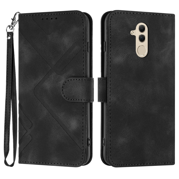 Black leather-style flip phone case with line pattern, wrist strap and card holder