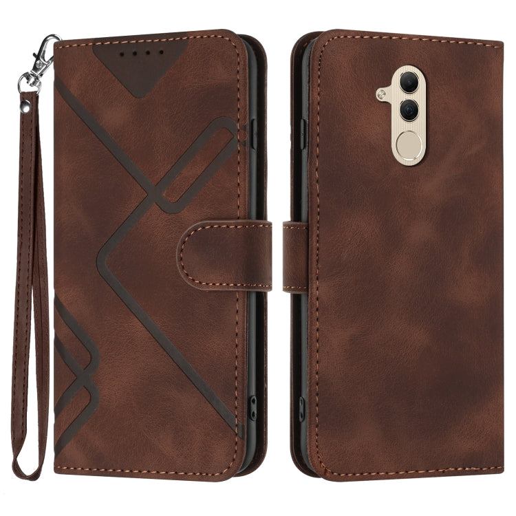 Brown leather-style flip phone case with line pattern, wrist strap and card holder