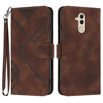Brown leather-style flip phone case with line pattern, wrist strap and card holder