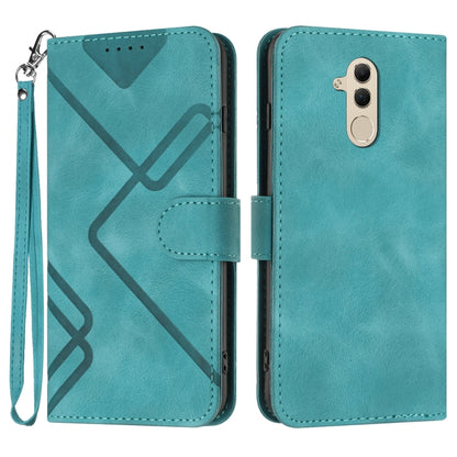 Teal leather-style flip phone case with line pattern, wrist strap and card holder