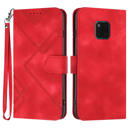 Red leather phone case with geometric line pattern and wrist strap, flip cover (front and back).