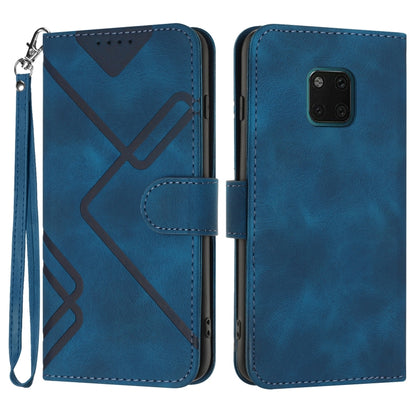 Royal blue leather phone case with geometric line pattern, flip cover and wrist strap.