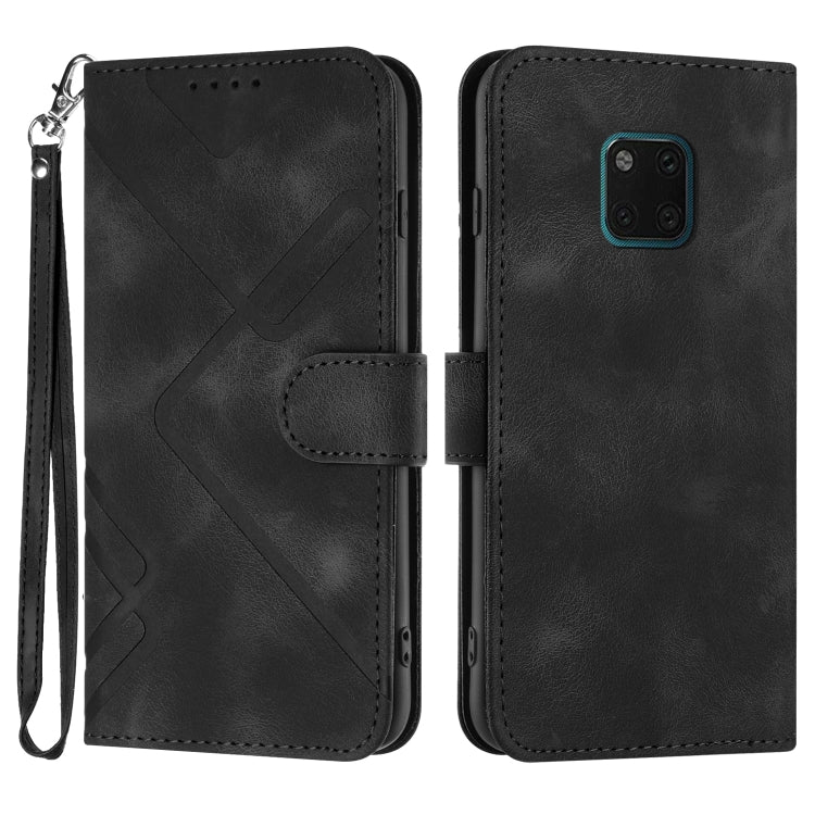 Black leather phone case with geometric line pattern, flip cover and wrist strap.