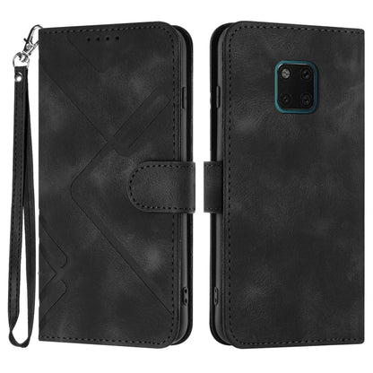 Black leather phone case with geometric line pattern, flip cover and wrist strap.