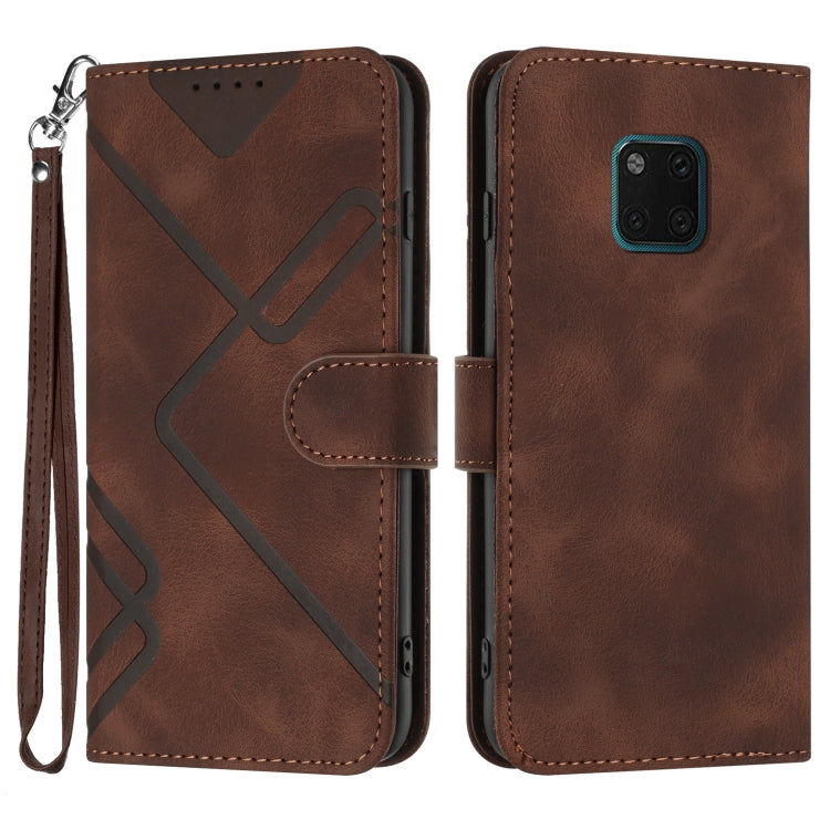 Brown leather-style flip phone case with line pattern, wrist strap and card holder