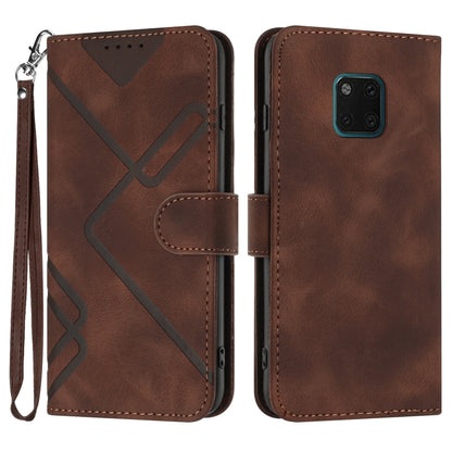 Brown leather-style flip phone case with line pattern, wrist strap and card holder