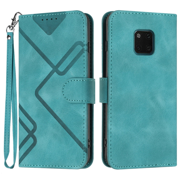 Teal leather-style flip phone case with line pattern, wrist strap and card holder