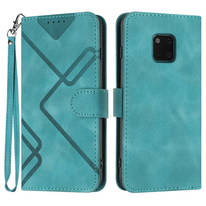 Teal leather-style flip phone case with line pattern, wrist strap and card holder