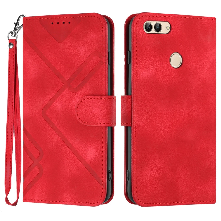 Red leather-look phone case with geometric line pattern, flip cover, wrist strap