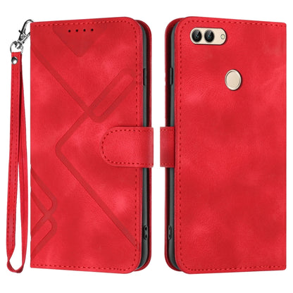 Red leather-look phone case with geometric line pattern, flip cover, wrist strap
