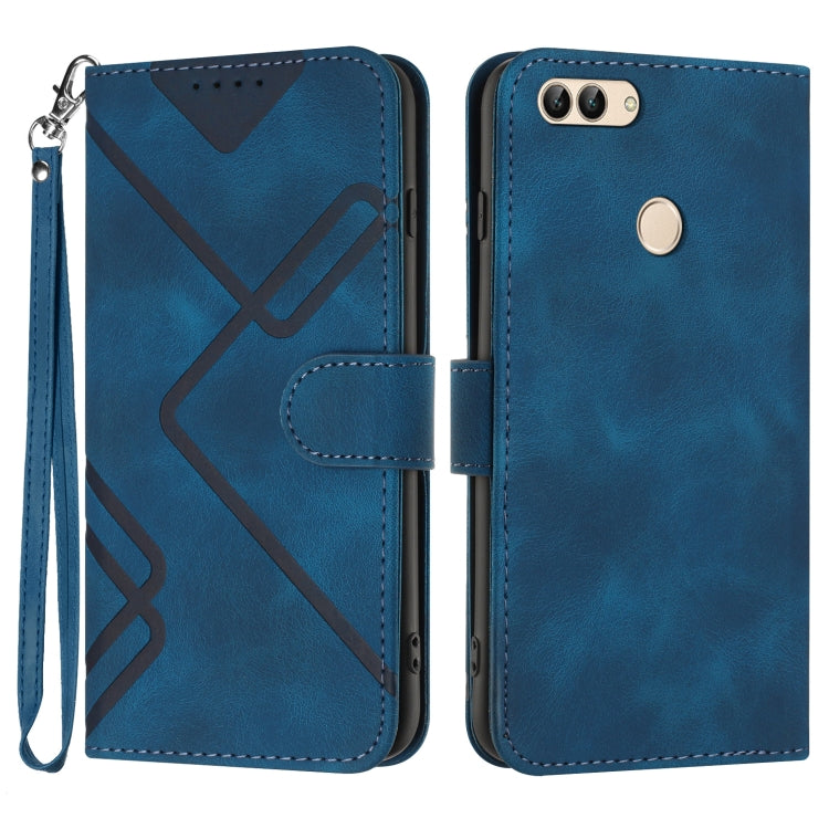 Blue leather-look phone case with geometric line pattern, flip cover, wrist strap