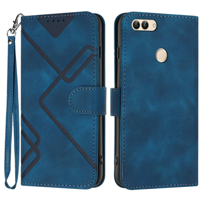 Blue leather-look phone case with geometric line pattern, flip cover, wrist strap