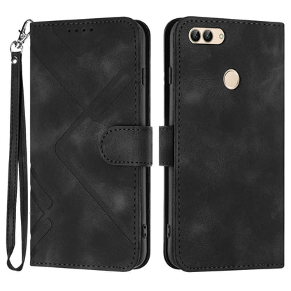 Black leather-look phone case with geometric line pattern, flip cover, wrist strap
