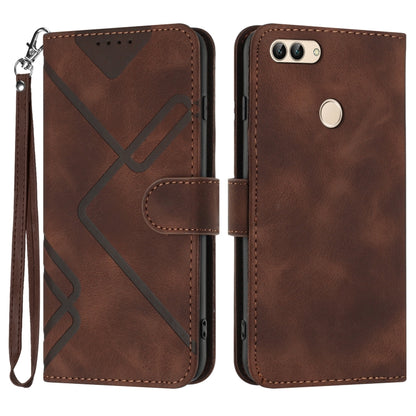 Coffee-brown leather-look phone case with geometric line pattern, flip cover, wrist strap