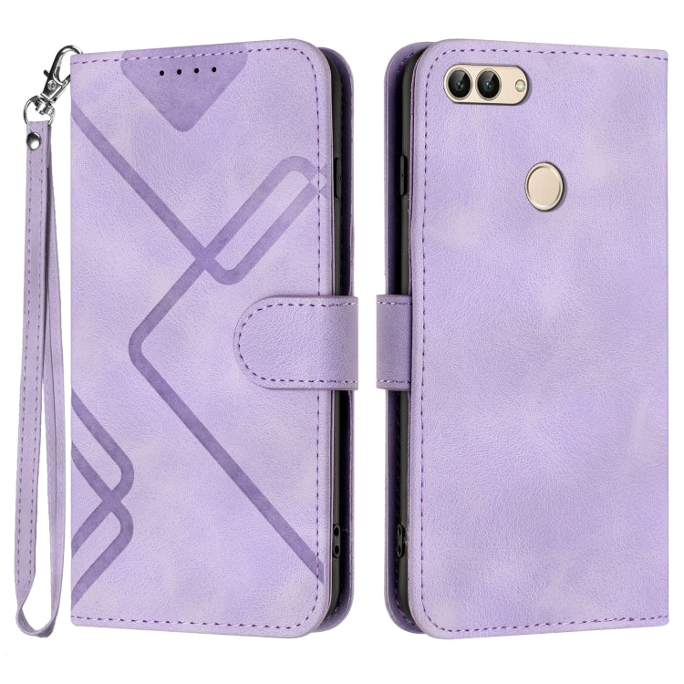 Light purple leather-look phone case with geometric line pattern, flip cover, wrist strap