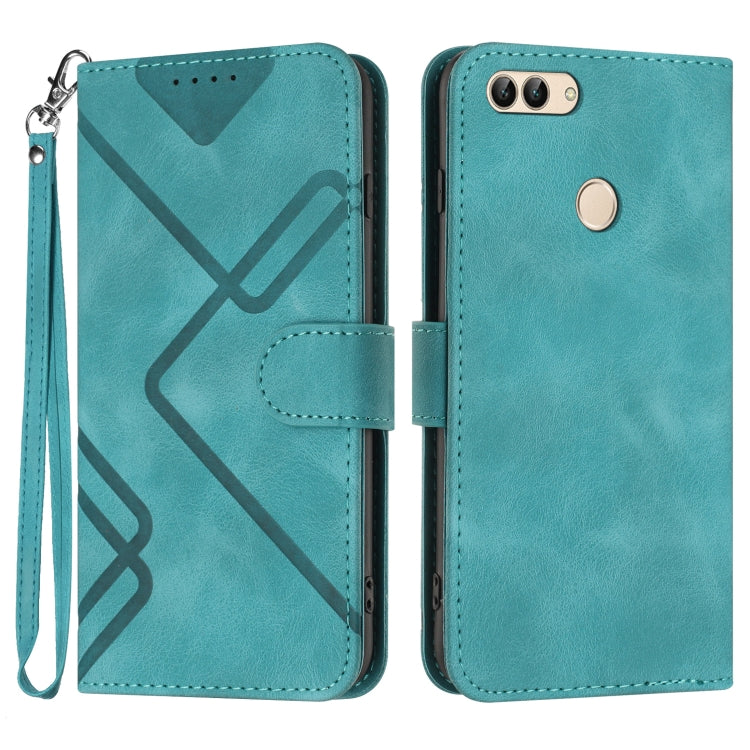 Teal leather-look flip phone case with geometric line pattern and wrist strap