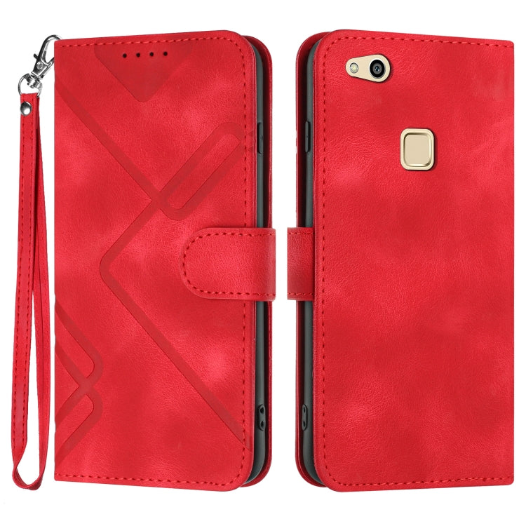 Bright red leather-style phone case with geometric line pattern and wrist strap