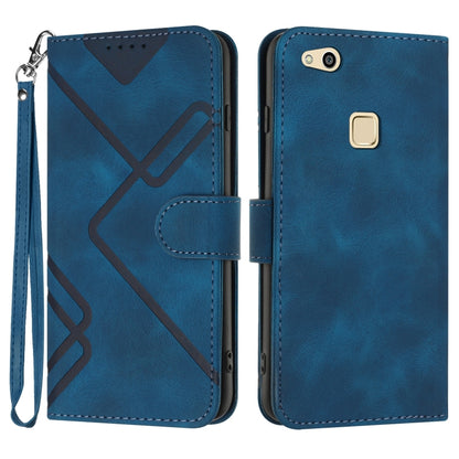 Blue line-pattern leather folio phone case with wrist strap, flip cover and card slot