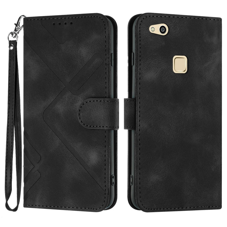 Black line-pattern leather folio phone case with wrist strap, flip cover and card slot