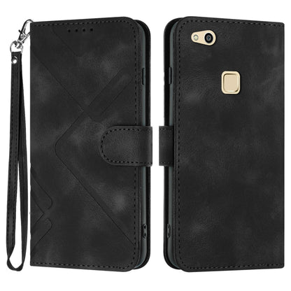 Black line-pattern leather folio phone case with wrist strap, flip cover and card slot