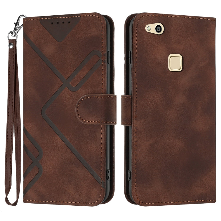 Brown line-pattern leather folio phone case with wrist strap, flip cover and card slot