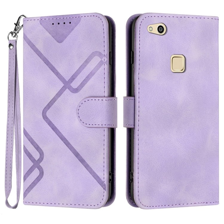 Light purple line-pattern leather folio phone case with wrist strap, flip cover and card slot