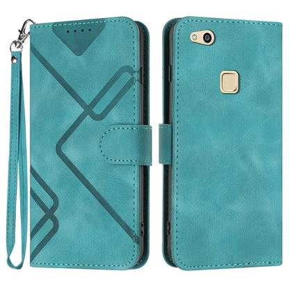 Teal line-pattern leather folio phone case with wrist strap, flip cover and card slot