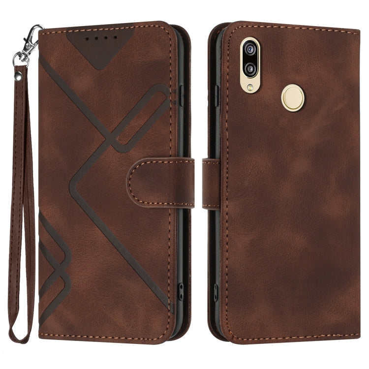 Leather phone case with line pattern, folio cover, wrist strap, brown